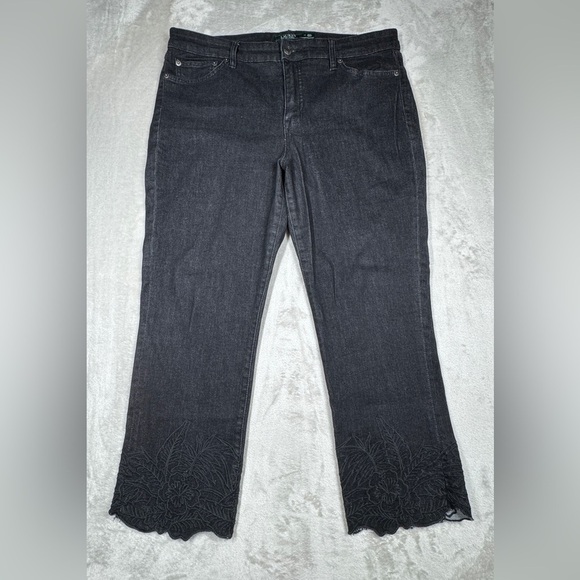 Lauren Ralph Lauren Black Cropped Tropical Floral Embroidered Cuffs Jeans 14 - Picture 1 of 15